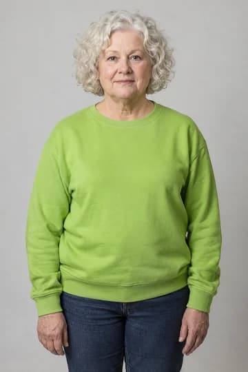 Center input: a silver-haired woman in a lime top