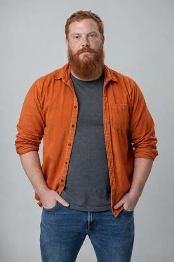 Right input: a red-haired man in an orange jacket