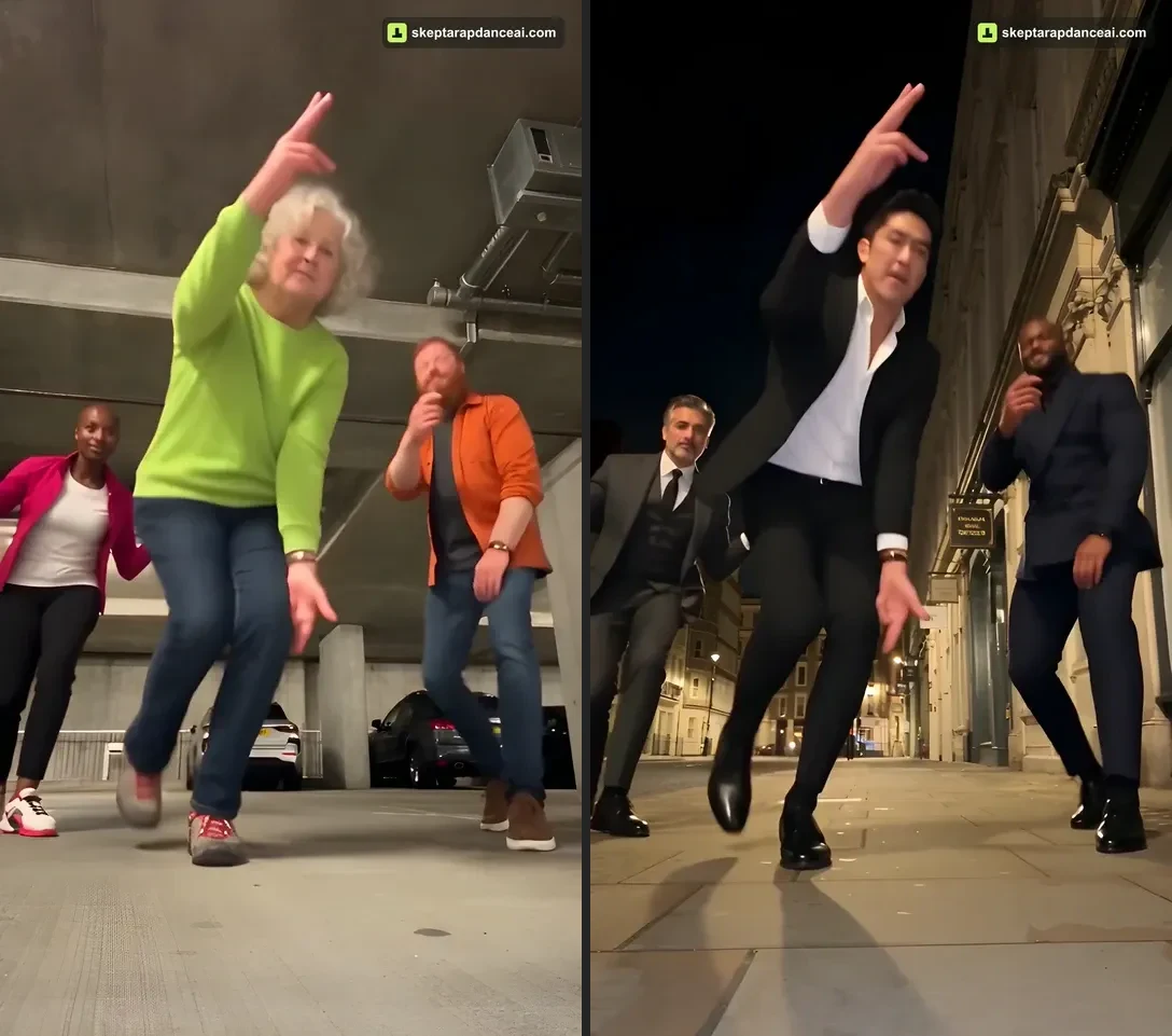 Two finished videos: a colorful trio in the garage and a suited trio on a night street