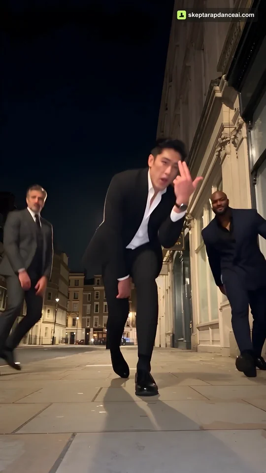 A site-generated trio in charcoal, black and navy suits dancing on a lamp-lit street