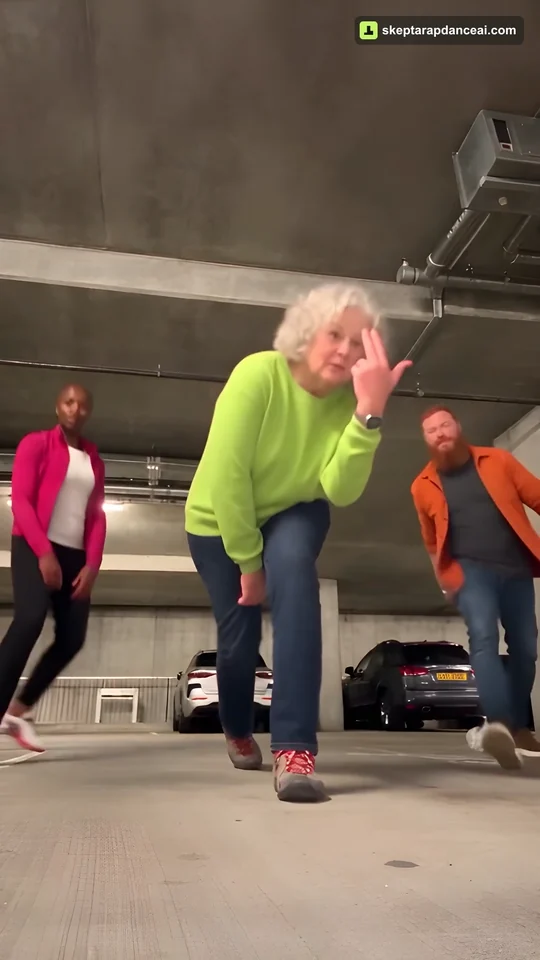 A site-generated trio in bright outfits dancing in an underground parking garage