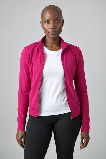 Input for the left dancer: a bald woman in a magenta jacket