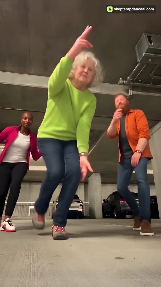 Generated garage dance: lime top at center, magenta behind left, orange behind right